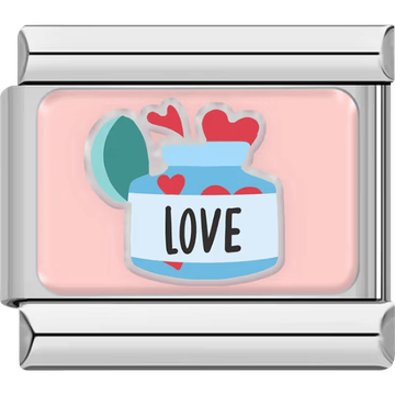 Blue jar labeled “LOVE” with red hearts popping out on a soft pink background